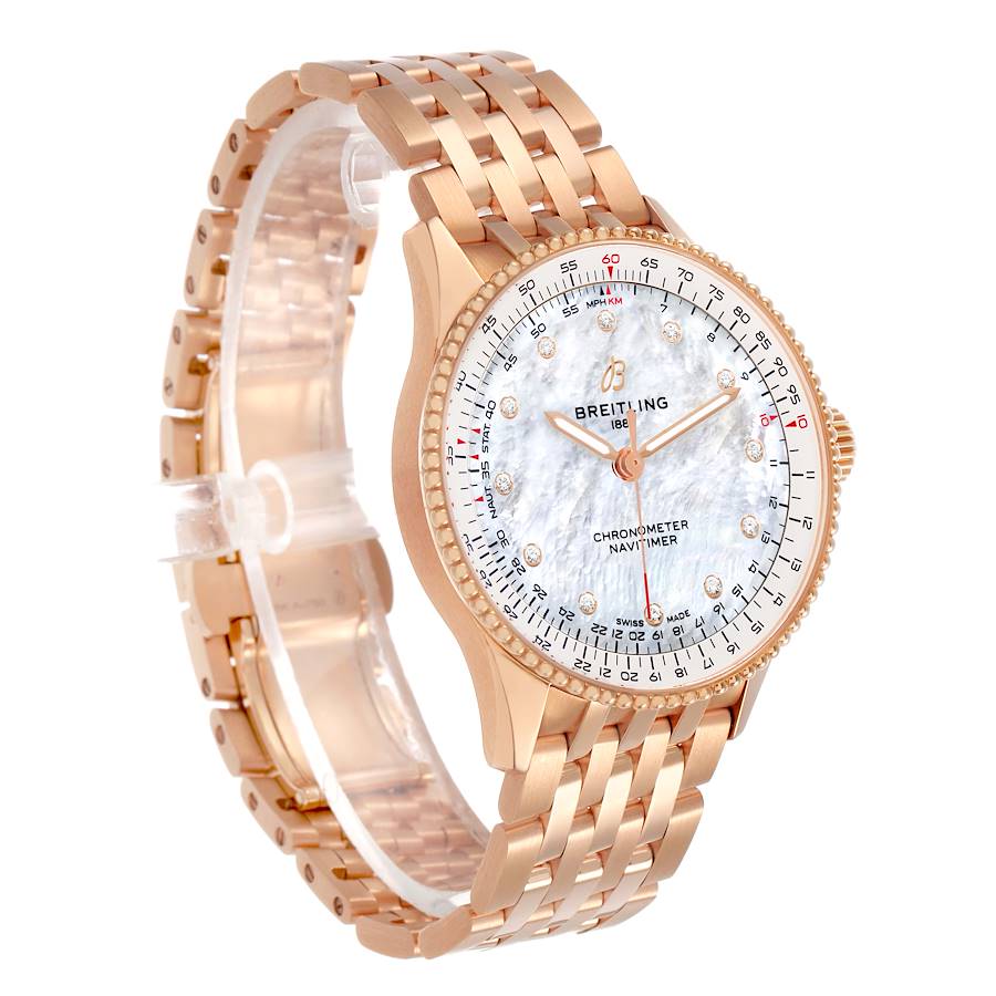 Brei_tling Navi_timer Auto_matic  Rose Gold MOP Diamond Watch  Box Card