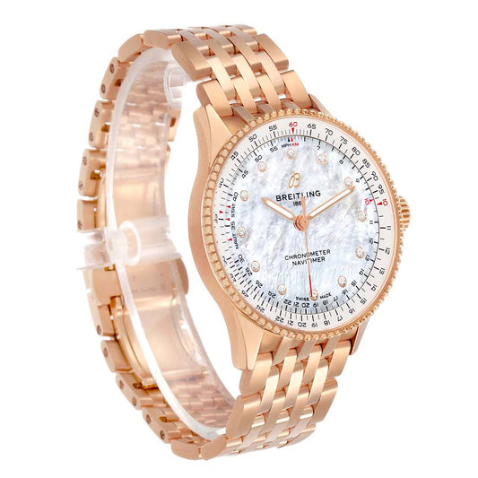 Brei_tling Navi_timer Auto_matic  Rose Gold MOP Diamond Watch  Box Card