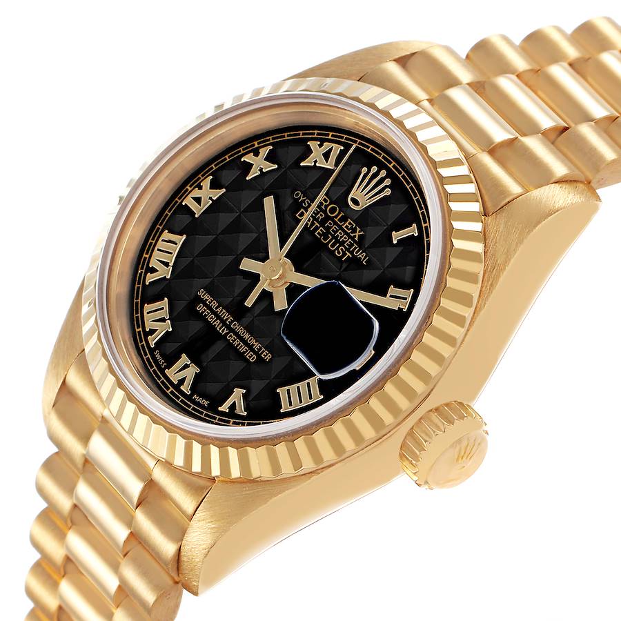 Ro_lex President Datejust 26 Yellow Gold Black Pyramid Dial Ladies Watch