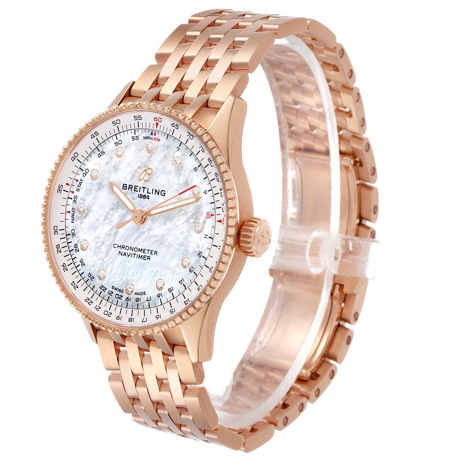 Brei_tling Navi_timer Auto_matic  Rose Gold MOP Diamond Watch  Box Card