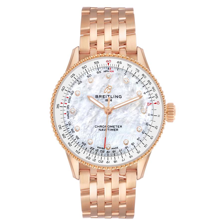 Brei_tling Navi_timer Auto_matic  Rose Gold MOP Diamond Watch  Box Card
