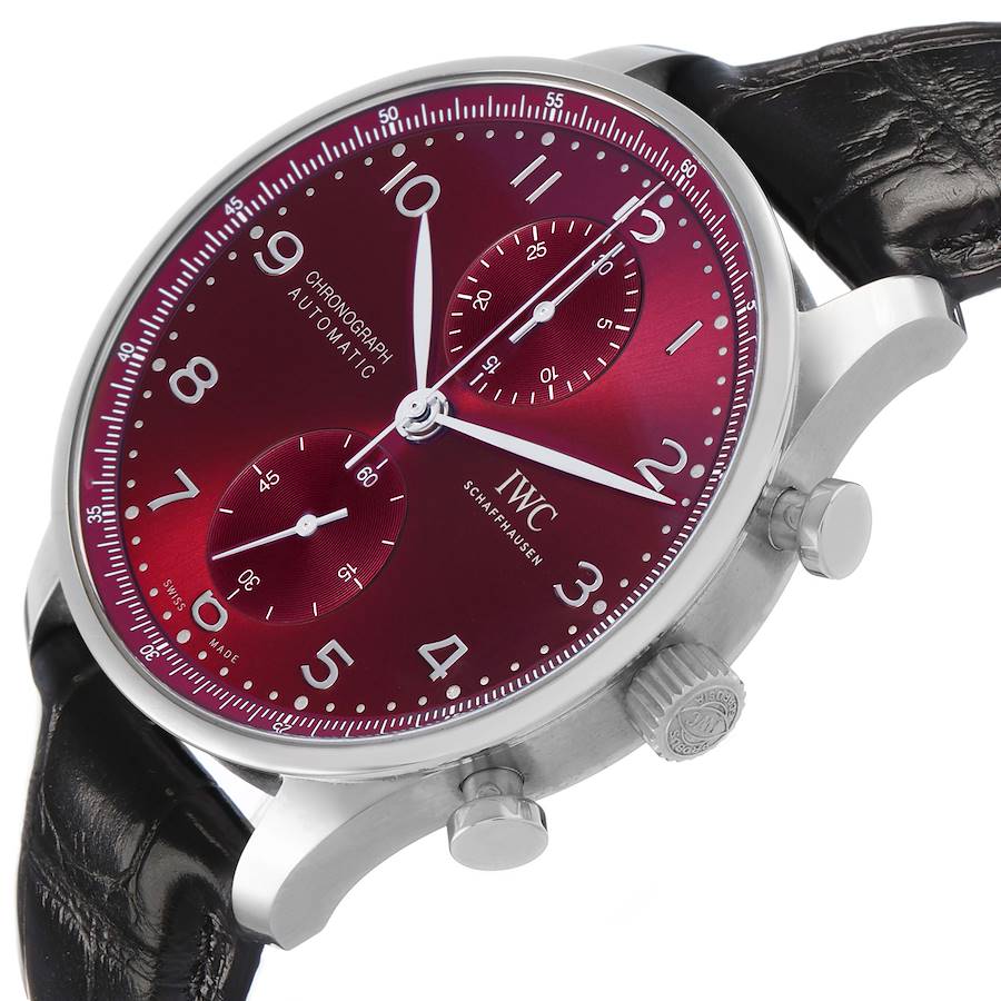 IWC Portugieser Chronograph Steel Red Dial Mens Watch Box Card