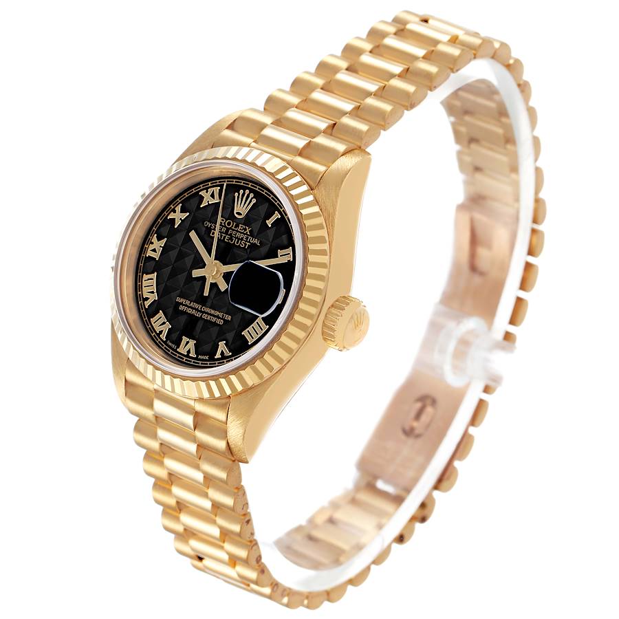 Ro_lex President Datejust 26 Yellow Gold Black Pyramid Dial Ladies Watch