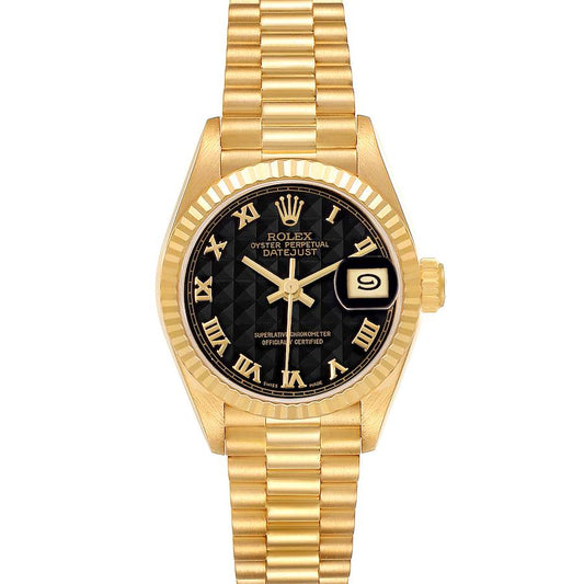Ro_lex President Datejust 26 Yellow Gold Black Pyramid Dial Ladies Watch
