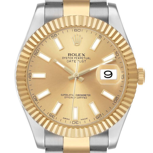 Ro_lex Datejust  Champagne Dial Steel Yellow Gold Mens Watch
