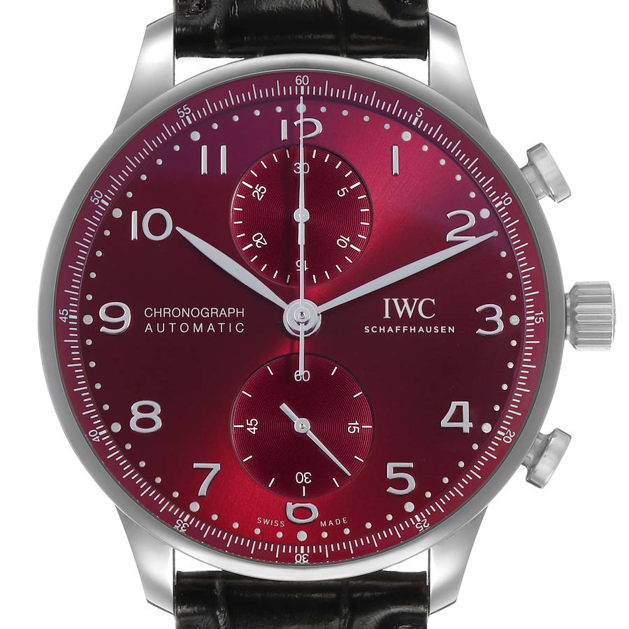 IWC Portugieser Chronograph Steel Red Dial Mens Watch Box Card