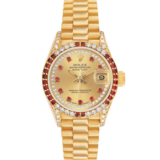 Ro_lex President Yellow Gold Diamond Ruby Dial Ladies Watch