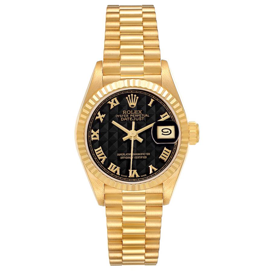 Ro_lex President Datejust 26 Yellow Gold Black Pyramid Dial Ladies Watch