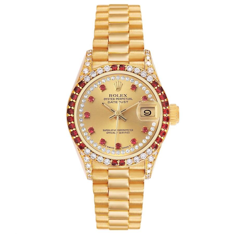 Ro_lex President Yellow Gold Diamond Ruby Dial Ladies Watch